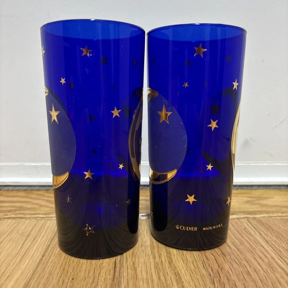 Culver Cobalt Blue Glass Celestial Sun Moon & Stars Glasses 22K Gold - Set Of 2